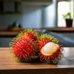 Red rambutan fruit that looks beautiful on the table and is full of deliciousness