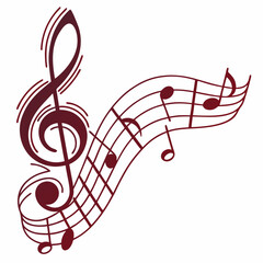 Elegant Maroon Musical Notes and Treble Clef on White Background