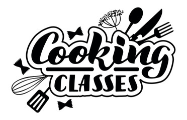 Cooking classes logo featuring stylized lettering surrounded by kitchen tools like whisk, spatula, fork, knife, spoon, farfalle pasta and dill, promoting culinary education and skill development