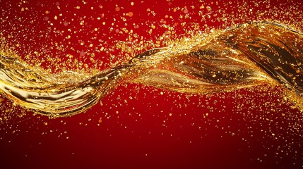 A shimmering wave of gold on a vibrant crimson red background, liquid gold splashes spreading outward in a bold and clean composition.
