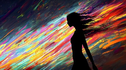 A silhouette in motion, with colorful streaks of paint smearing outward, suggesting a dynamic and emotional human figure in expressive abstraction.