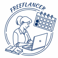 Freelancer Woman Working on Laptop with Calendar and Book Illustration
