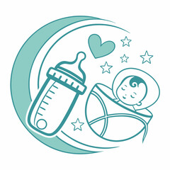 Baby feeding and sleeping illustration with bottle heart stars and moon