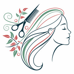 Elegant Hair Salon Logo with Woman Scissors Comb and Floral Accents