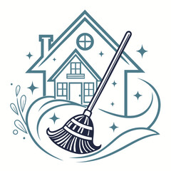 House Cleaning Service Logo with Broom and Sparkling Home Illustration