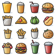 Food Icons of burger, fries, pizza and drtinks