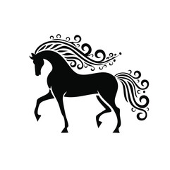 Elegant black horse with ornate mane and tail