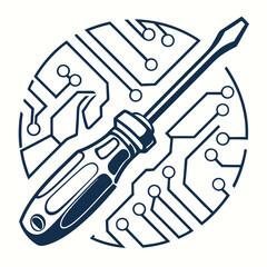 Electronic Repair Logo Featuring Screwdriver and Circuit Board Design in Blue