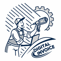 Digital Invoice Concept Mechanic with Drill and Laptop Gear and Speed Lines