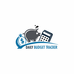 Daily Budget Tracker Logo Piggy Bank Money Bag and Calculator