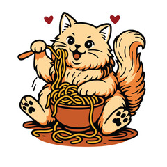 Cute cartoon kitten eating happy pet vector illustration