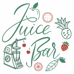 Elegant Juice Bar Illustration with Fruits and Juicer in Green and Red