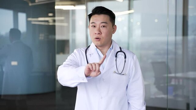 Serious asian doctor in white coat shaking index finger and head NO while standing in modern hospital clinic. Medical worker physician demonstrates gesture of prohibition, denial, disagreement