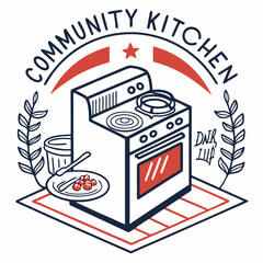Community Kitchen Illustration with Stove Food and Decorative Elements