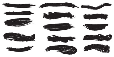 Black brush strokes vector illustration, abstract grunge texture. Artistic design element, paint smear, ink splatter, creative graphic element. Vector hand drawn brush underline element set for accent