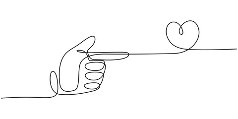 hand gesture bang that shoots a heart continuous one line drawing, One continuous line illustration of hand gesture - bang that shoots a heart. Continuous line drawing of arm in gun gesture with heart