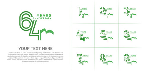 Anniversary logo type set with double line number. green color and green ribbon for celebration event