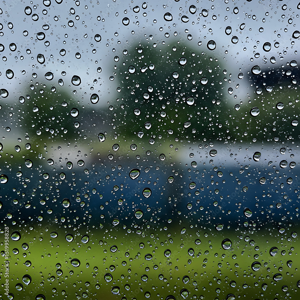 Poster raindrops on a window pane with a blurred outdoor scene in the background. wet glass texture creates