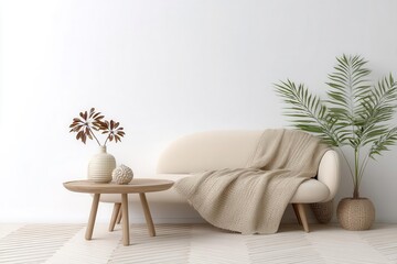 This modern space includes a small designer table, sofa, and plants as part of its interior