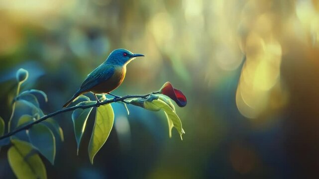Vibrant Tanager Perched on Twig with Lush Green Foliage in Bokeh Light Backdrop