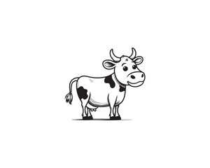 A charming black and white cartoon illustration depicts a friendly dairy cow with distinctive black patches standing gracefully.