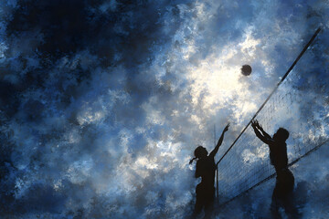 Silhouetted Female Volleyball Players During Sunset Beach Game