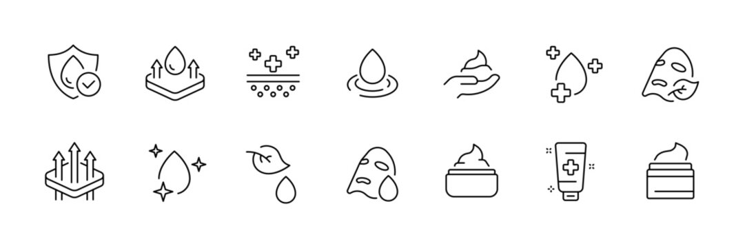 Skincare icon set illustrating moisturizing and hydration concepts for beauty products