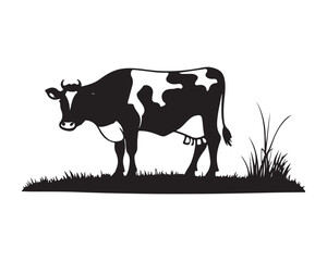 A striking black and white vector illustration depicts a dairy cow peacefully grazing on a lush patch of grass.