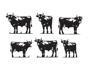 Detailed black and white illustrations of cows in various poses offer a versatile resource for your farming and agriculture projects.