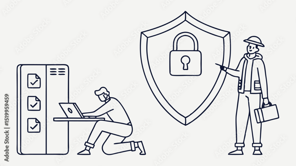 Aufkleber cybersecurity audit checklist and data protection with security engineer inspecting network security