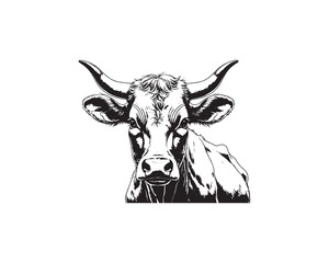 A detailed black and white vector portrait showcases a majestic cow with prominent horns, gazing directly forward.