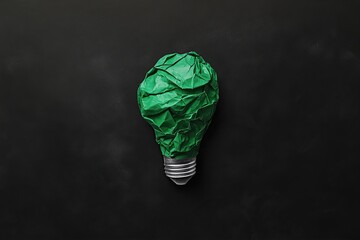 A crumpled green paper light bulb on a black background, drawn with white chalk