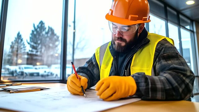 Engineer in protective gear seated at drafting table, reviewing construction plans for a new building project, large factory windows letting in natural light