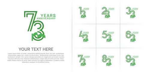 Anniversary logo type set with double line number. green color and green ribbon for celebration event