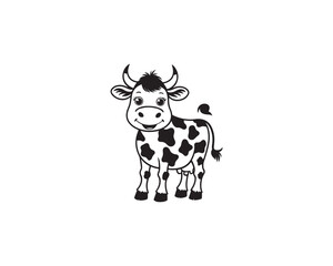 A cheerful black and white cartoon illustration showcases a smiling cow with a spotted body against a clean white background.