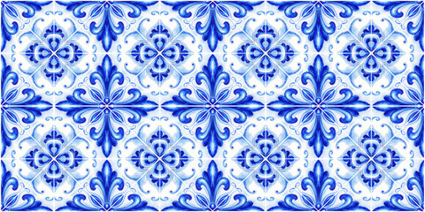 Vector decorative pattern blue and white design with frame or border. Baroque Vector mosaic. Traced watercolo. Capri Majolica	
