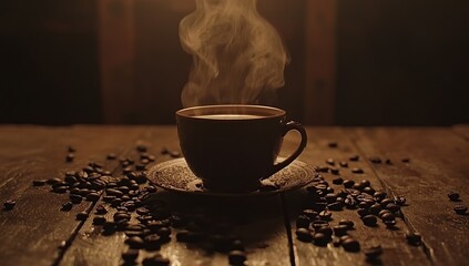 A cup of steaming coffee sits on the table, surrounded by scattered coffee bean