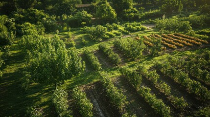 Aerial View of a Lush Orchard at Golden Hour