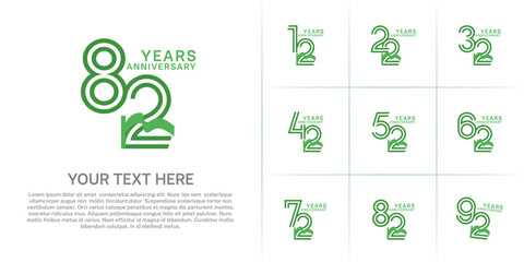 Anniversary logo type set with double line number. green color and green ribbon for celebration event