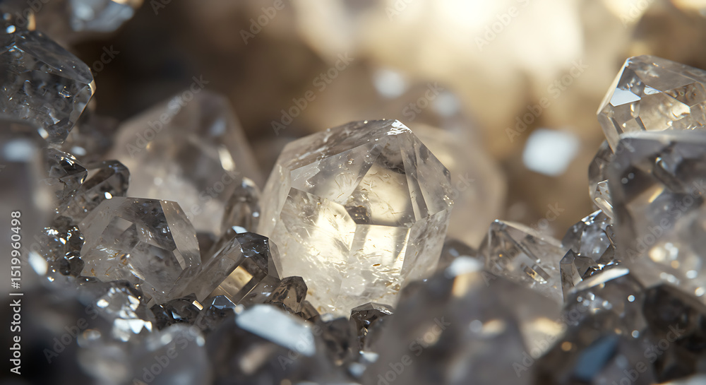 Poster macro close-up of translucent natural crystals with sharp facets, revealing intricate details and te