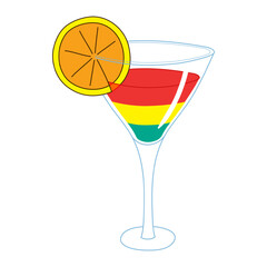 Layered tropical cocktail in a glass hand drawn illustration, isolated vector. Line art style design. Summer clip art, seasonal element, print. Cold drink, beverage, refreshment, beach party