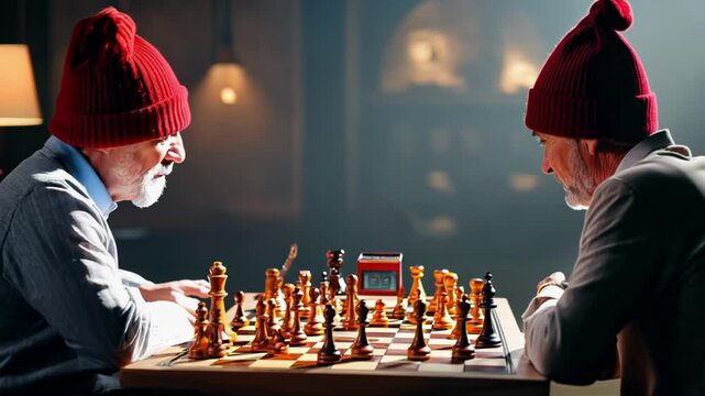 Elderly men wearing winter hats concentrate intensely on chess match in warm indoor environment with wooden chess set creating intellectual competition and strategic thinking atmosphere
