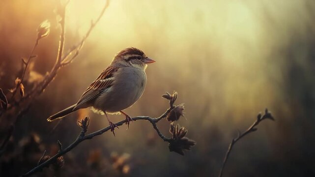 House sparrow perched on a branch in warm light, wildlife nature scene at dawn or dusk
