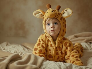 Adorable baby in a yellow giraffe kigurumi lies on a bed, looking curiously at the camera. A charming, playful image capturing early childhood fun.