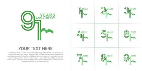 Anniversary logo type set with double line number. green color and green ribbon for celebration event