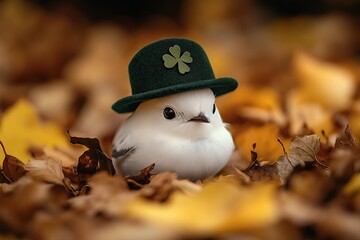 A cute little white bird with black eyes and a dark green felt hat, lying on the ground among autumn leaves
