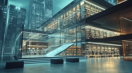 Futuristic City Library at Night