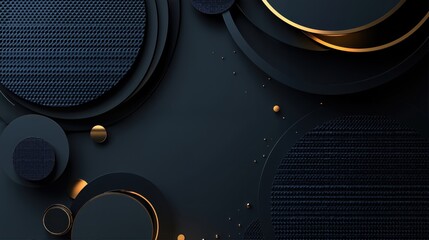 Abstract dark blue background with various size circles and golden elements. Modern texture with geometric shapes for design template.