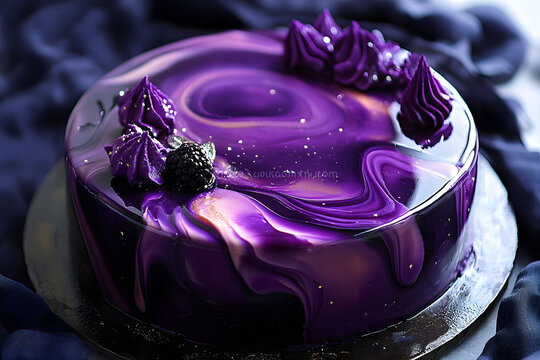 Purple Marble Mirror Glaze Cake with Blackberry Garnish