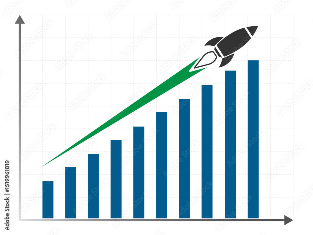Poster rocket soaring through ascending bar graph growth chart